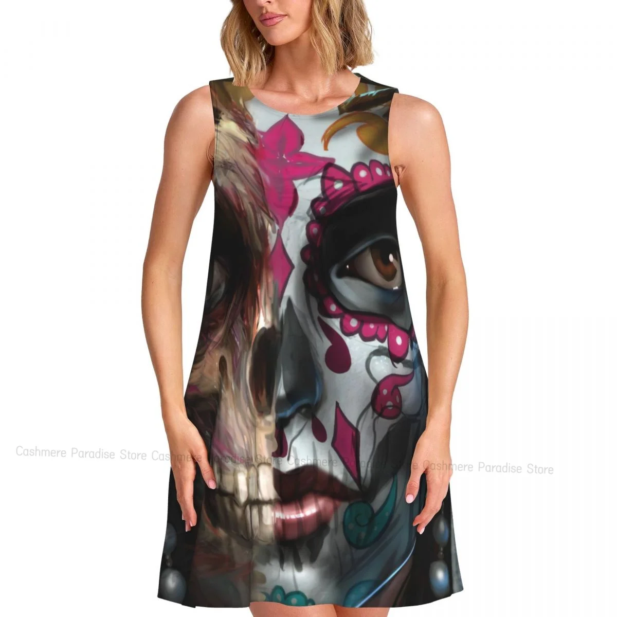Robe décontractée au-dessus du genou pour femmes, col rond, tête de mort, sans manches