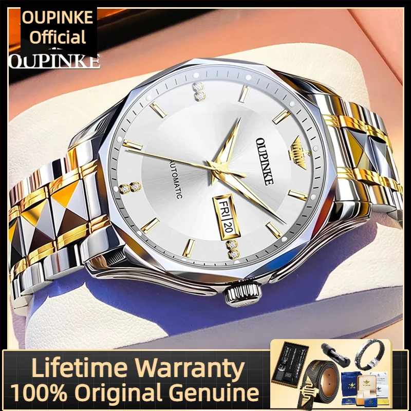 OUPINKE 3295 Jam Tangan Pria Asli Jam Tangan Pria Mekanis Cermin Safir Bercahaya Kedap Air Tanggal Otomatis Berlian