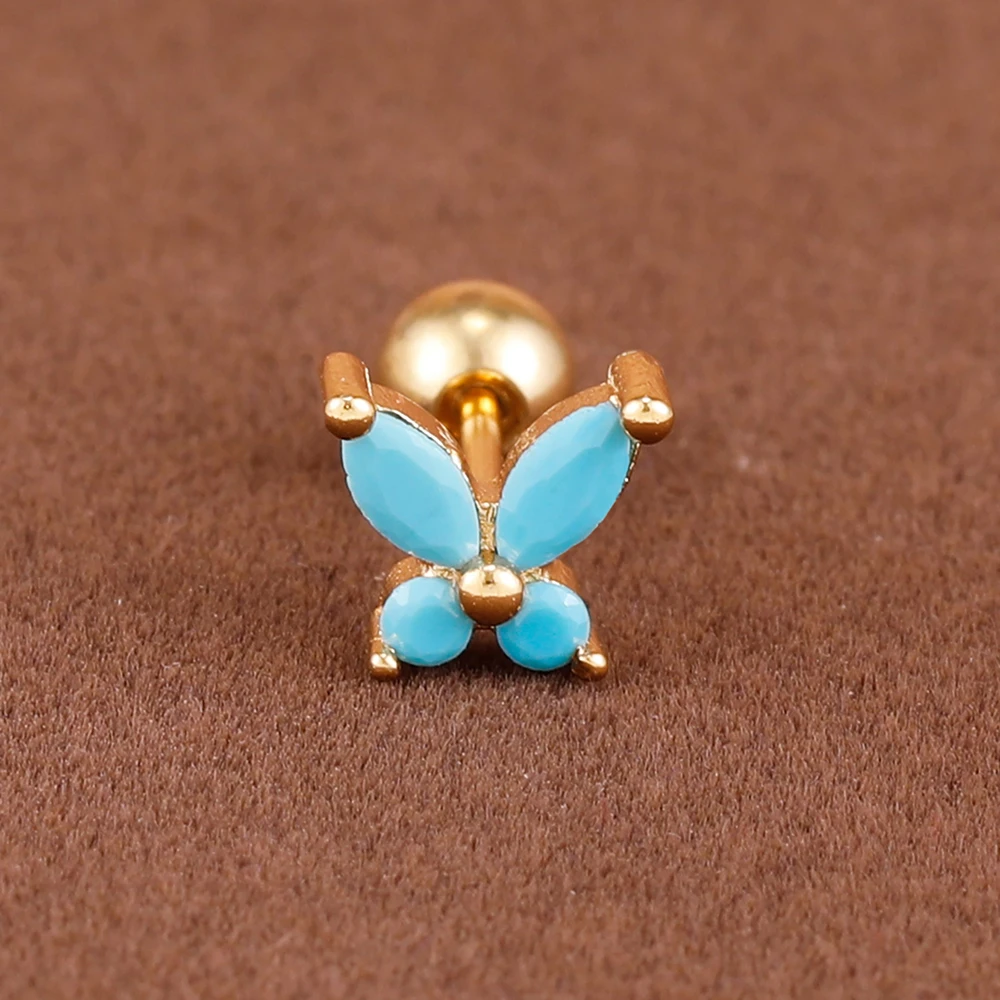 1PC Blue Zircon Flower Stud Earring For Women 14K Gold Plated Stainless Steel Butterfly Ear Stud Cartilage Piercing Jewelry