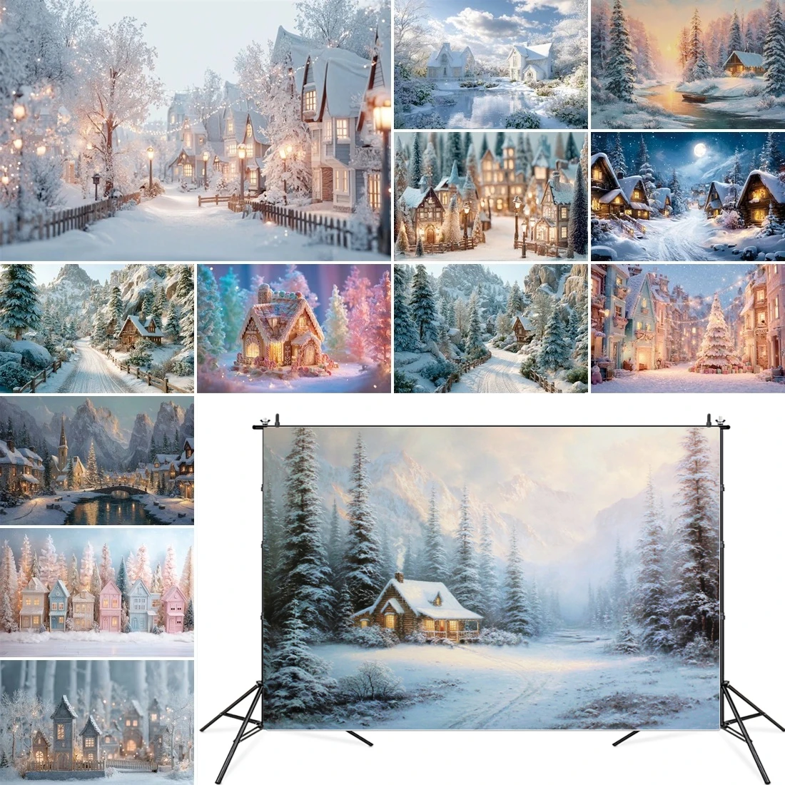 

MOON.QG Winter Christmas Photography Background Village Xmas Trees Gingerbread House Backdrop Photo Shooting Poster Birthday