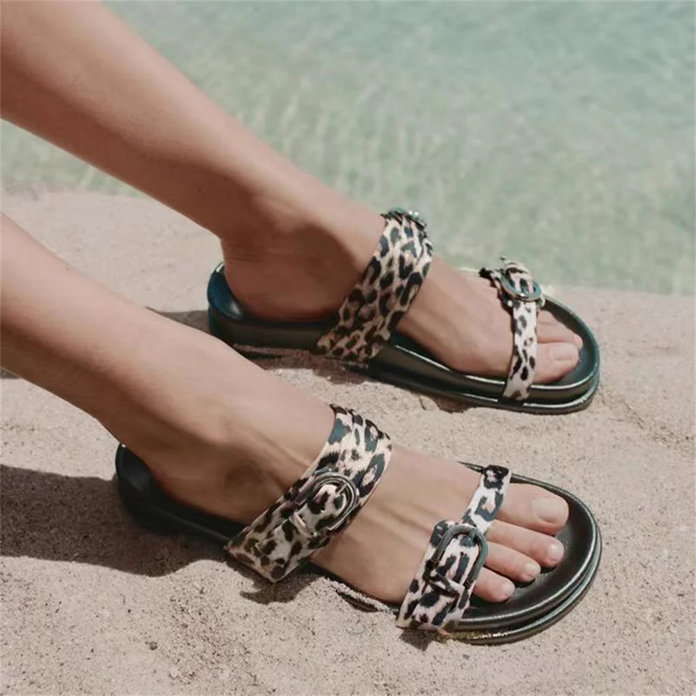 TRAF Women Animal Patterns Flats Sandals Fashion Metal Buckle Flat Slippers Slipper 2024 Summer Female Casual Outdoor Flip-flops