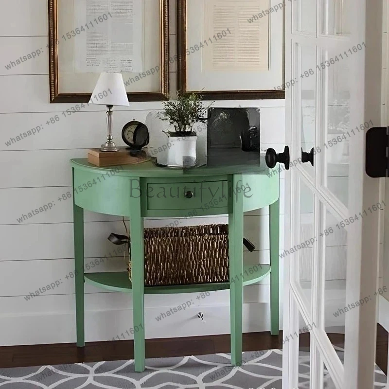 

American solid wood porch table semi-round European sofa back a few foyer porch cabinet retro double shelf