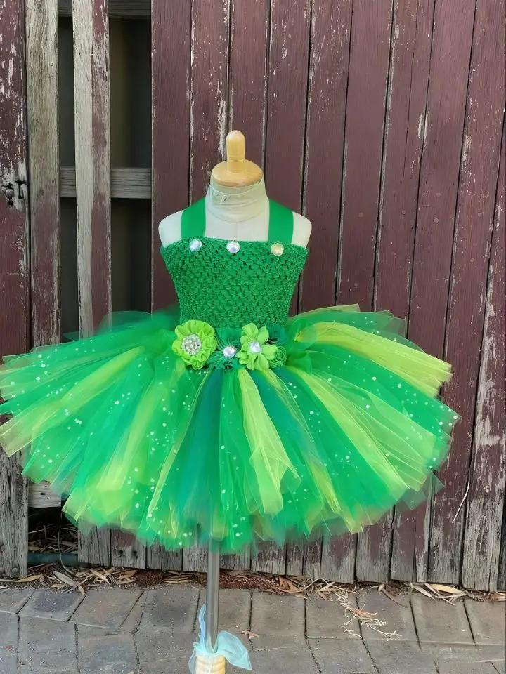 Girls Green Flower Fairy Dress Kids Glitter Summer Tutu Dresses Children Birthday Christmas Party Costumes Photography Cloth
