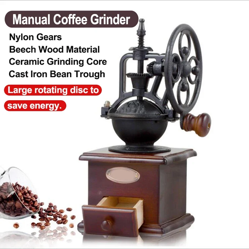 

Vintage Manual Coffee Grinder, Large Wheel Cast Iron, Hand Crank Grinder, Portable Coffee Bean Grinder, Coffeeware Accessories