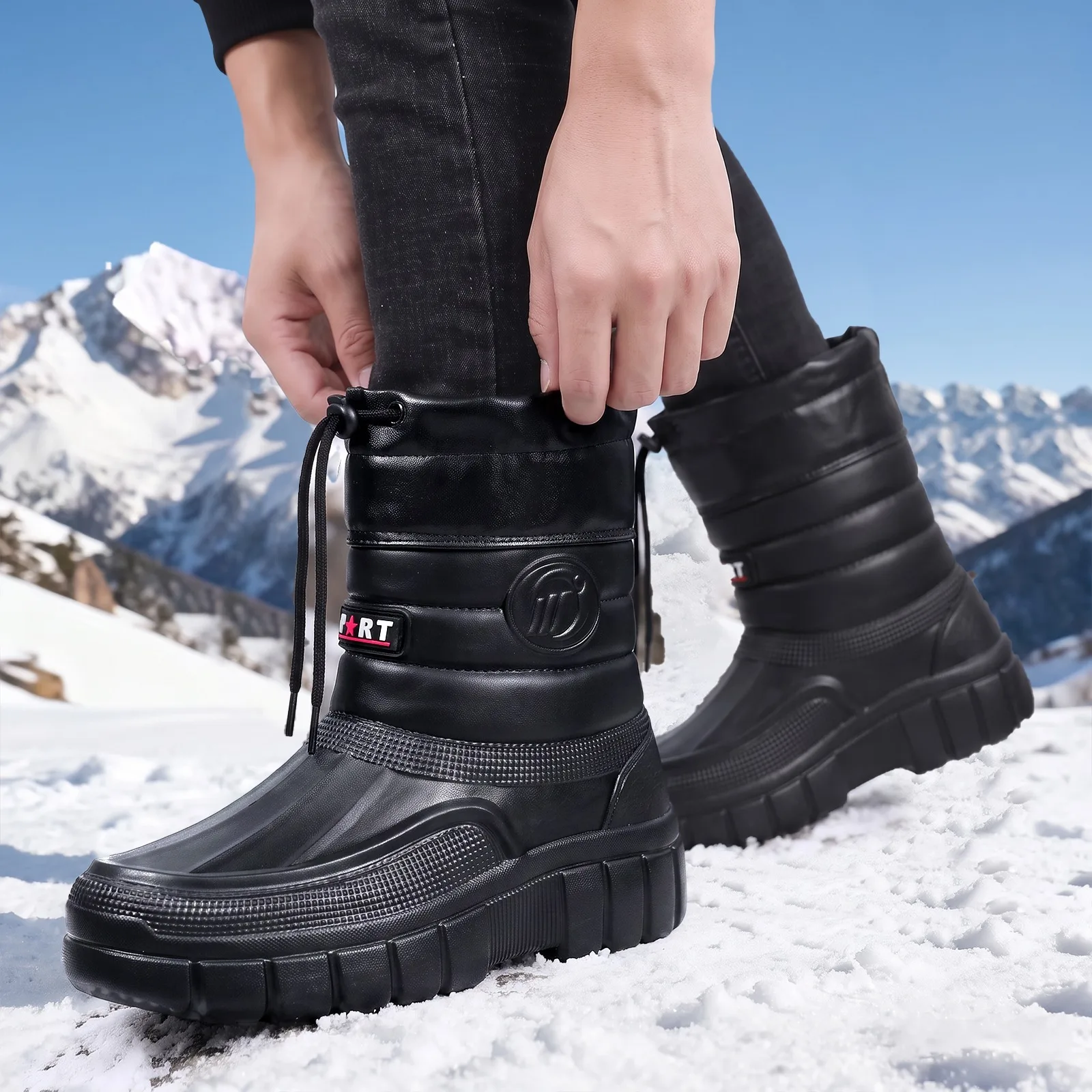 Winter Herren Baumwollschuhe mit Samt und warmem Leder, dicker Sohle, Kordelzug, hoher Schaft, schwarz, Outdoor, kältebeständig, Schneestiefel – Detail 7