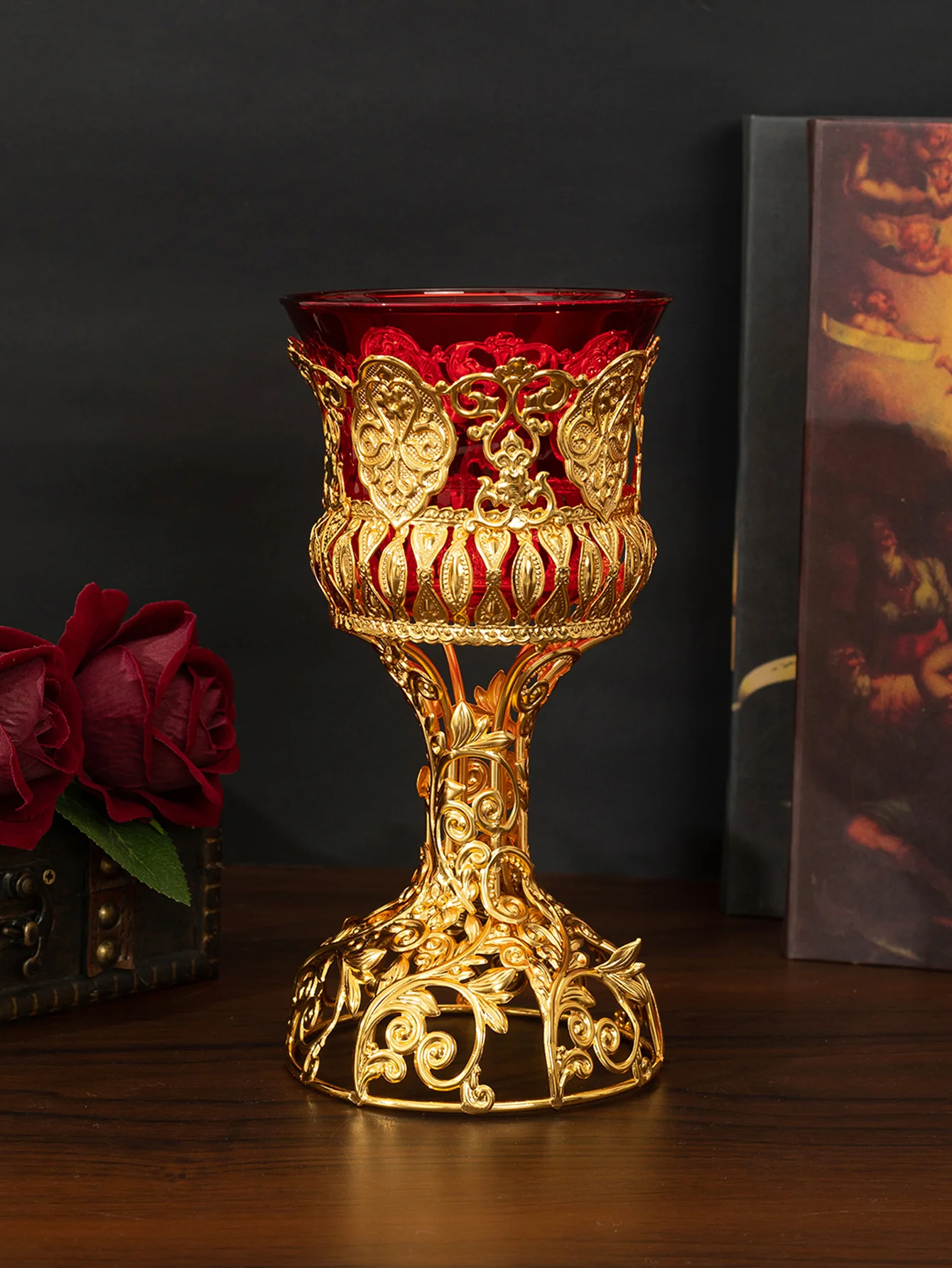 Cross-border hot selling metal red glass bowl candle cup European style ornament candle holder