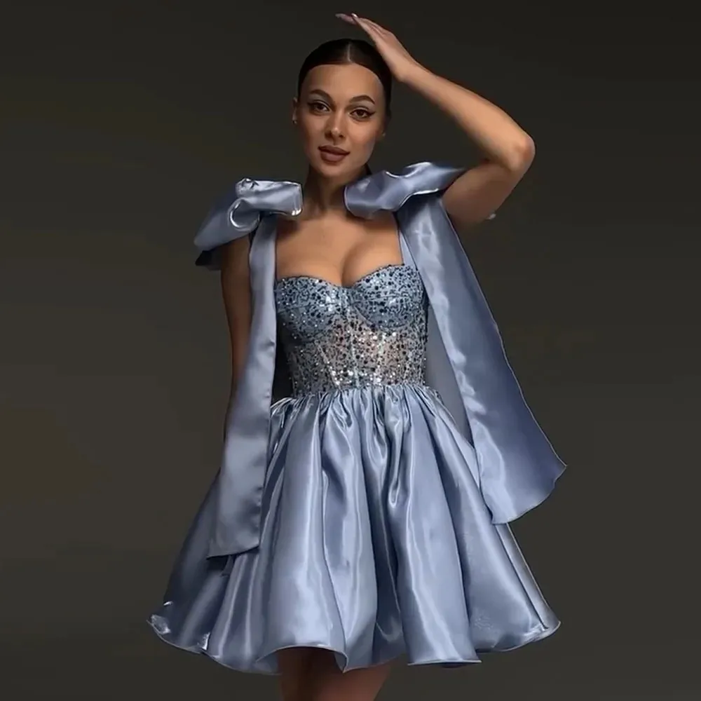 

Exquisite Blue Sequins Short Prom Dress 2026 Sweetheart Bow Sash A-line Mini Homecoming Party Gowns Christmas Robe De Soriee