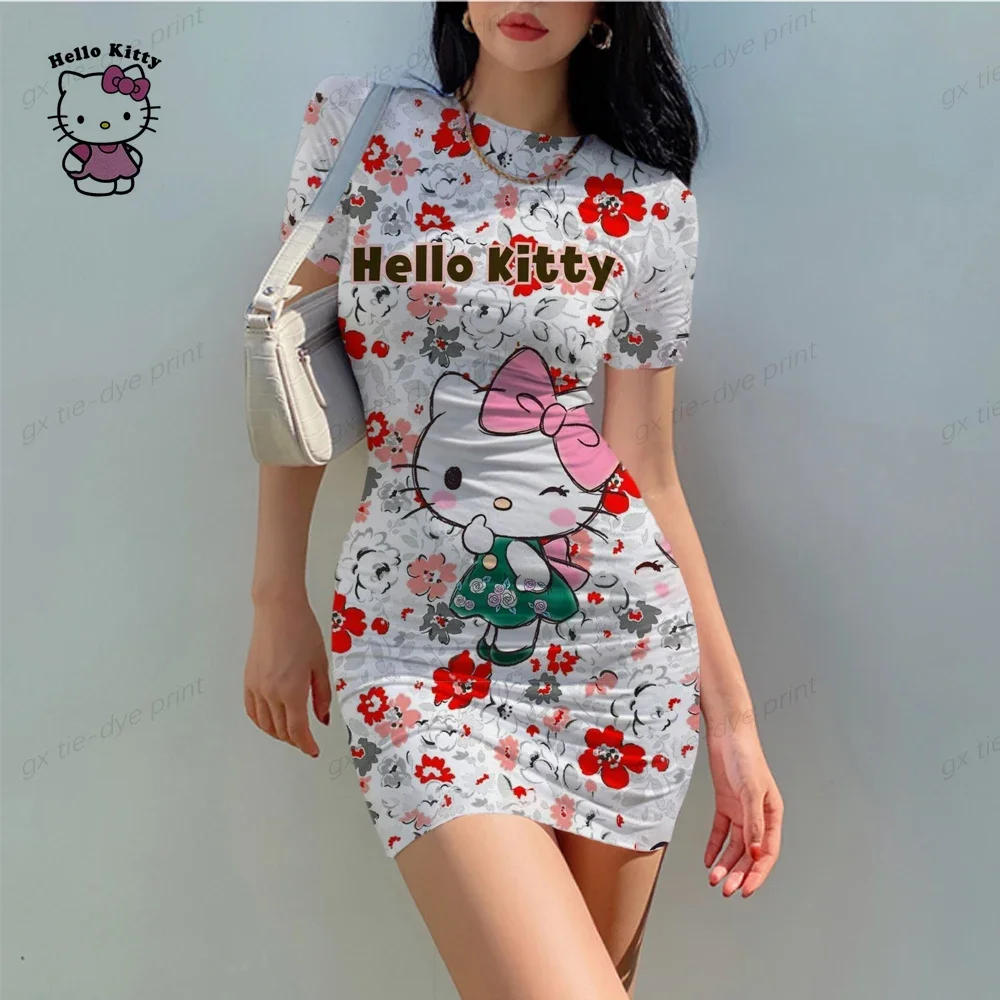 Hello Kitty Girl Dress Summer Cartoon Print Mini Casual Kid/Adult Short Sleeve Evening Dress Party Beach Birthday Dress