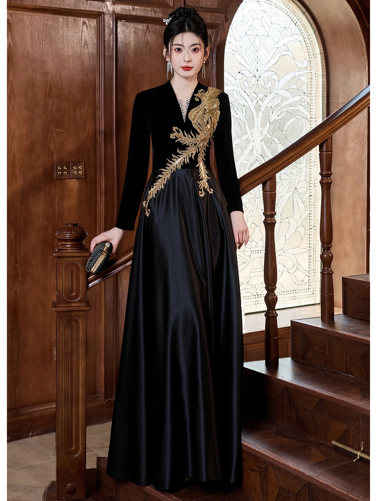 

Ele Bla Host Evening Gown Long Sve Chorus Guzheng Performance Costume Autumn Winter Floor Length Midi Dr