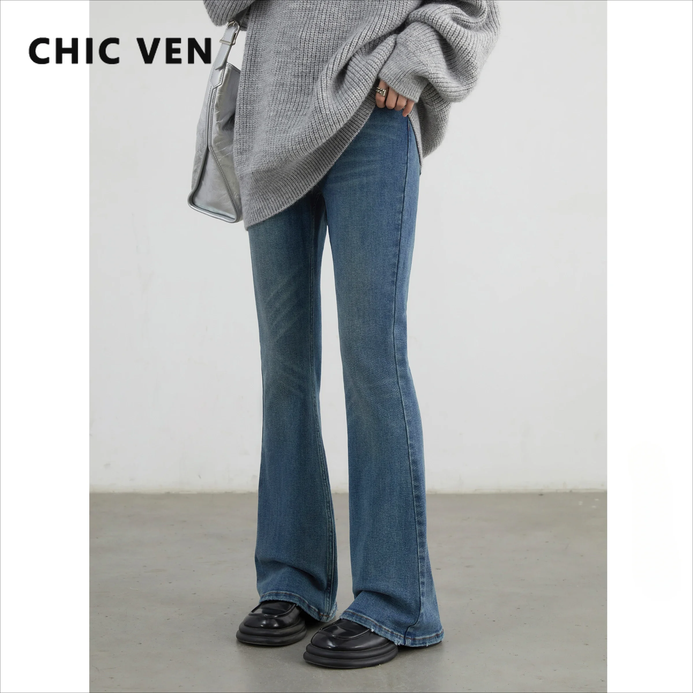 CHIC VEN Women Jeans Blue Retro High Waisted Flared Denim Pants Slim Horseshoe Female Trousers Autumn Winter 2024