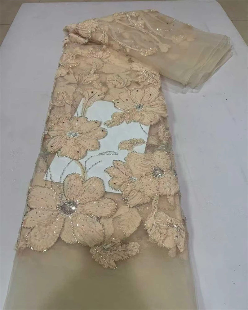 2025Hot Sale Exquisite Design Nigeria Handmade Embroidery Sequins Net Lace With Bead Top Quality For Party Evening Dress