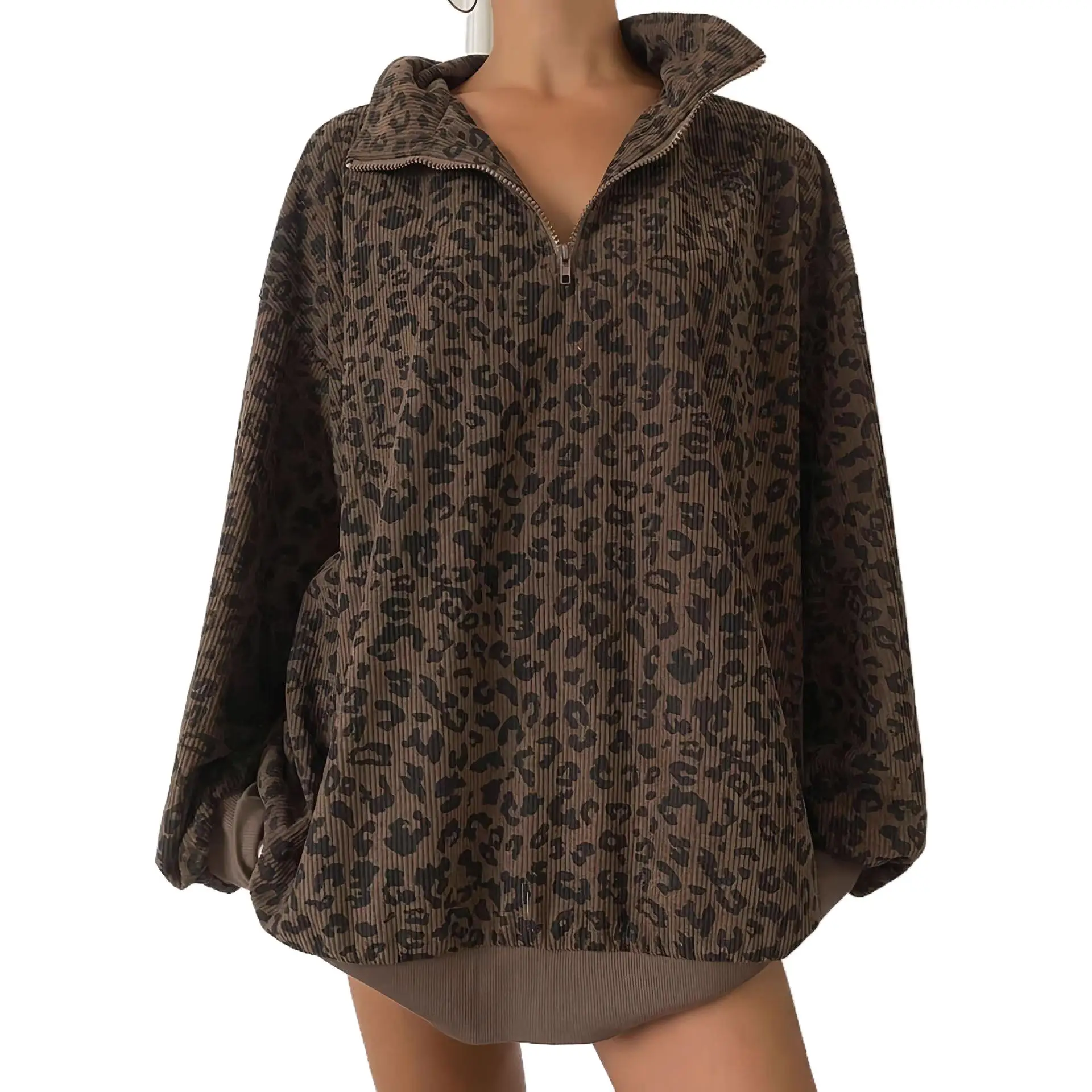 

2025 New Fashion Printed Zipper Sweatshirt Women In Autumn Casual Loose Leopard Print Lapel Long-sleeved Home Shirt For Women