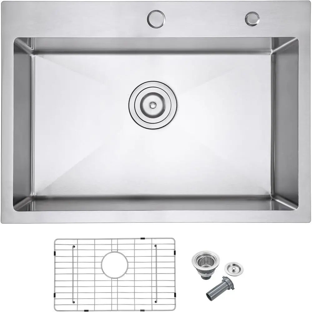 

30x18 Inch Drop in Kitchen Sink Brushed, 304 StainlSteel Single Bowl with Dual aucet Holes & Bottom Grid Mat, 9" Deep Large Sink