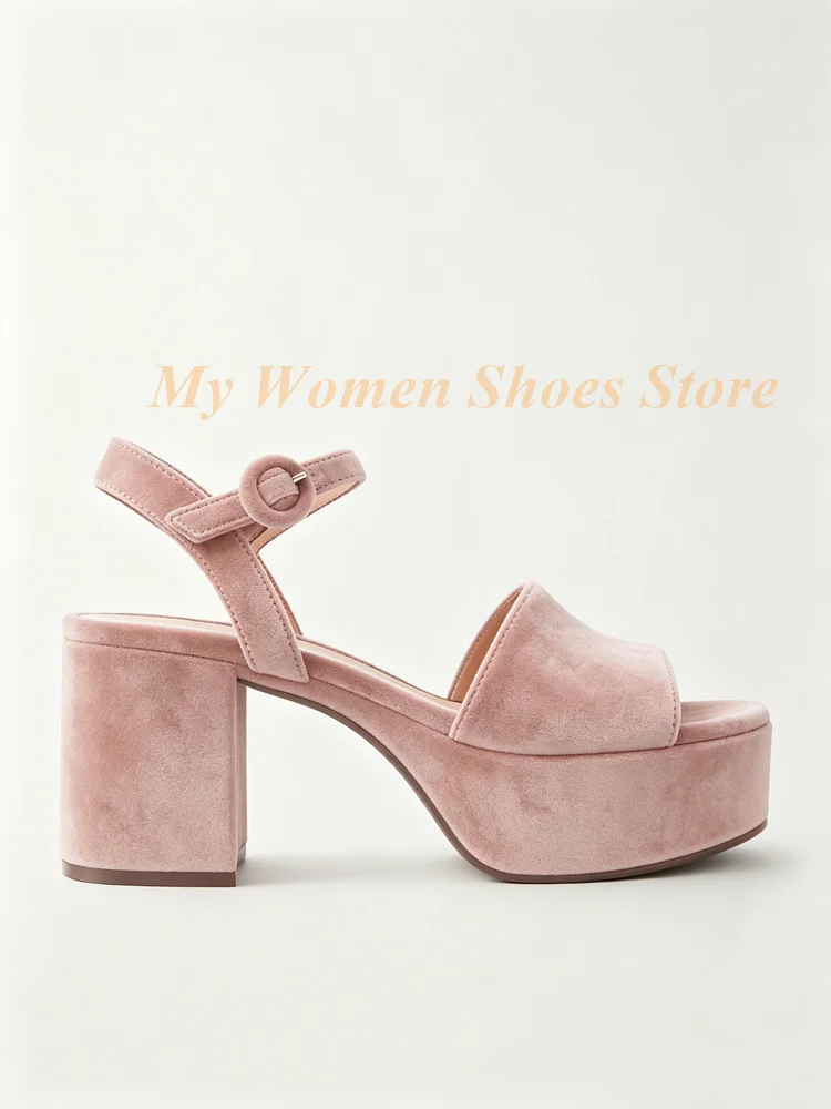 Chunky Heel Suede Platform Sandals Women Solid Black Open Toe Ankle Buckle Strap 2026 New Arrivals Fashion Dress Shoes Handmade view 6