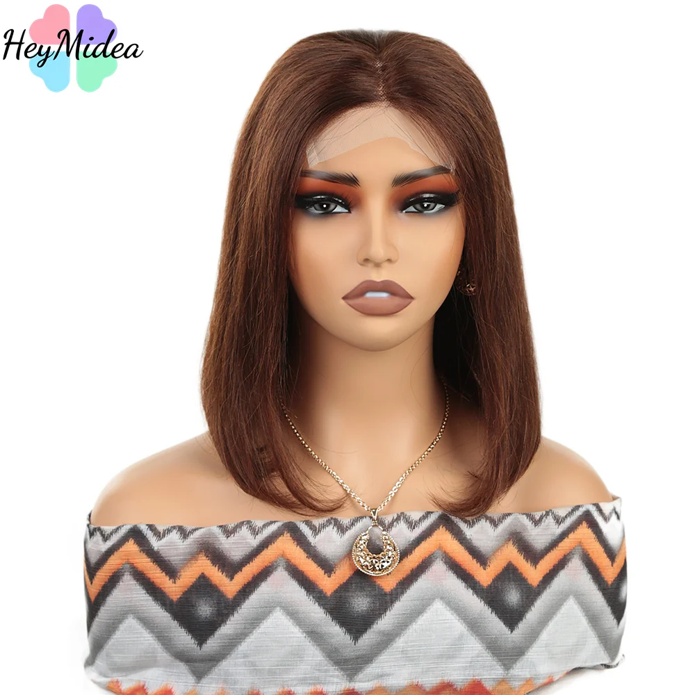 

Chocolate Brown #2 Straight Bob Lace 4x4 Lace Closure Human Hair Wigs 5X1 13X1 Part Short Wig Colored Human Hair Wig HeyMidea