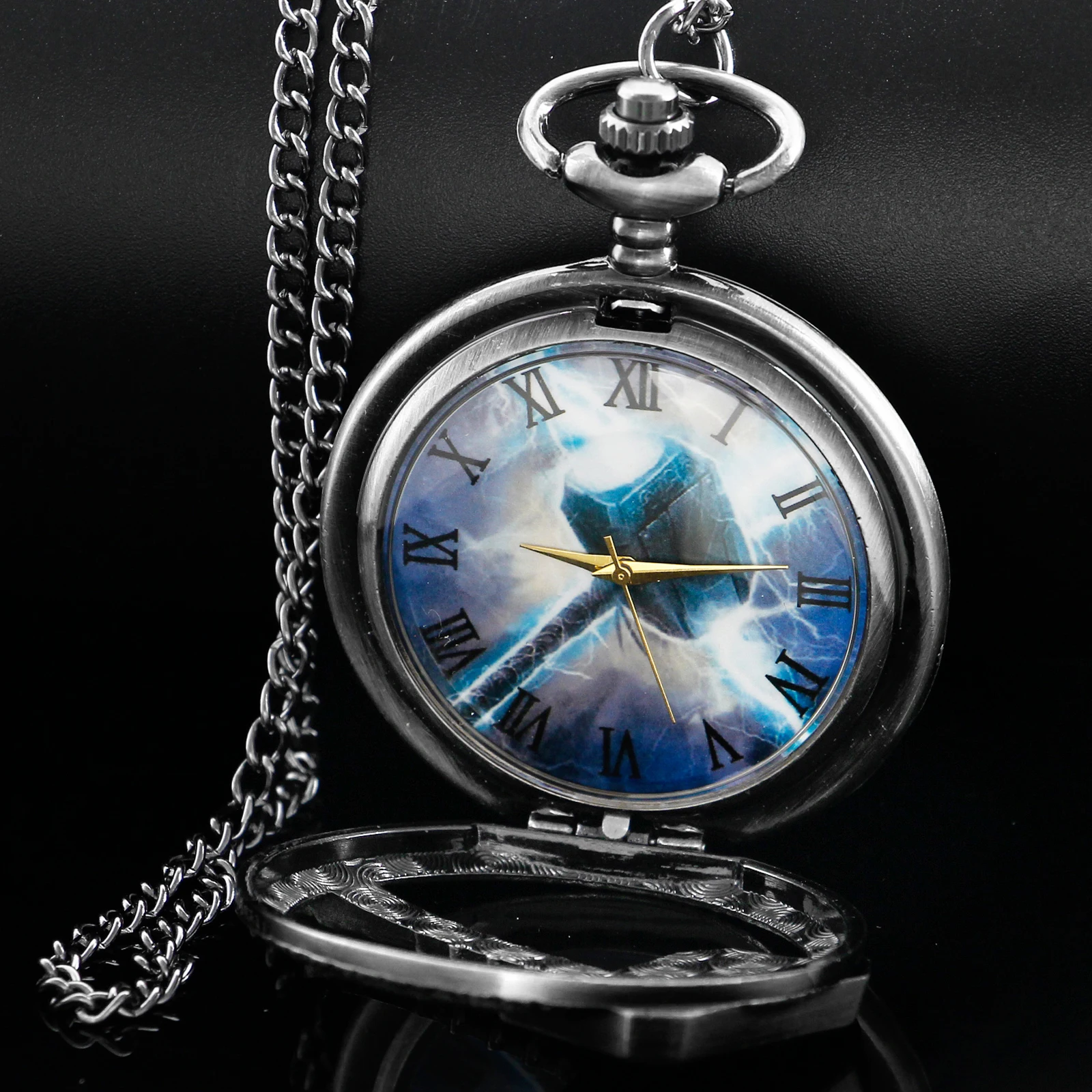 Film and Animation Thunder Hammer Logo Quartz Pocket Watch Steampunk Hollow Chain Watch Men's and Women's Pendant Necklace Gift