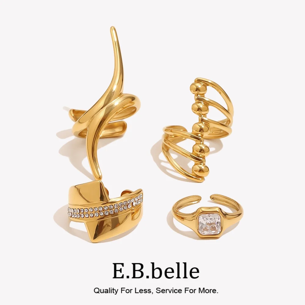 E.B.belle Geometric Abstract Crystal Square Zircon Open Ring 18K Gold Plated Stainless Steel Rings Minimalist Women Jewelry