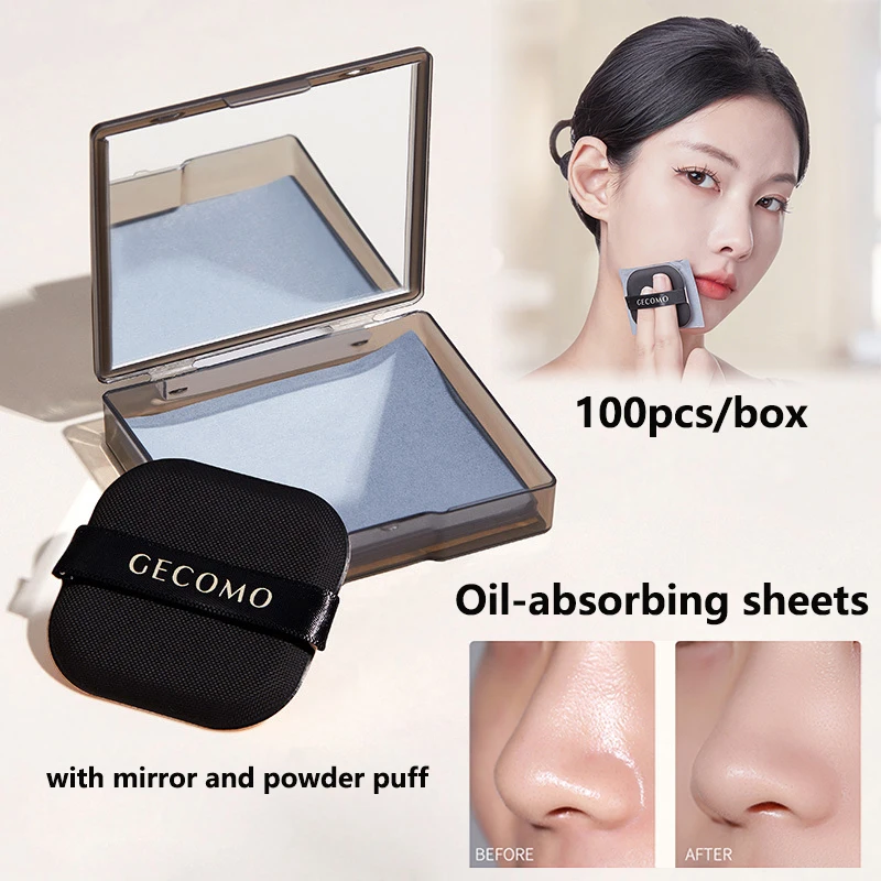 100 Sheets Portable Face Oil Absorbing Sheets with Mirror Case & Puff,Oil Blotting Paper Facial Care Absorbs Face Oil Unisex