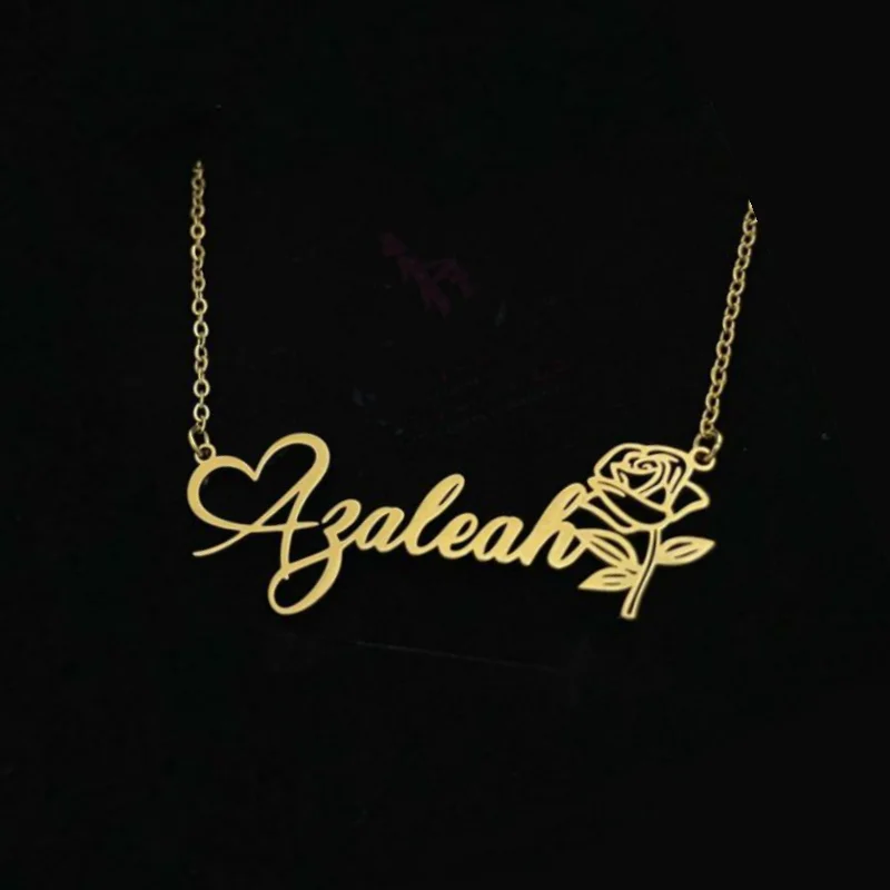 Custom Rose Flower Name Necklace Women Girl Jewelry Stainless Steel Gold Color Personalized Nameplate Pendant Necklace BFF Gift