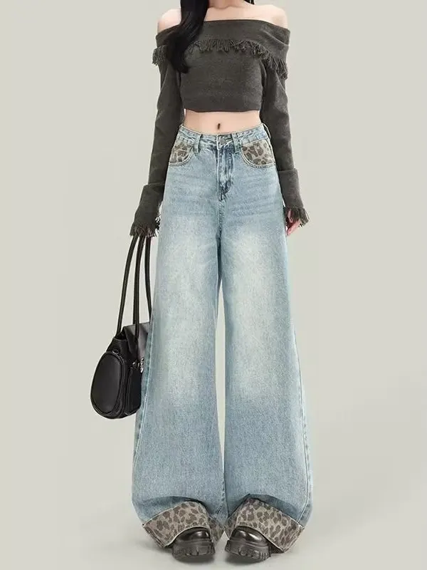 

American Retro Leopard Print Wide Leg Jeans Women High Waist Loose Straight Floor-Length Pants Spring Season plus Size