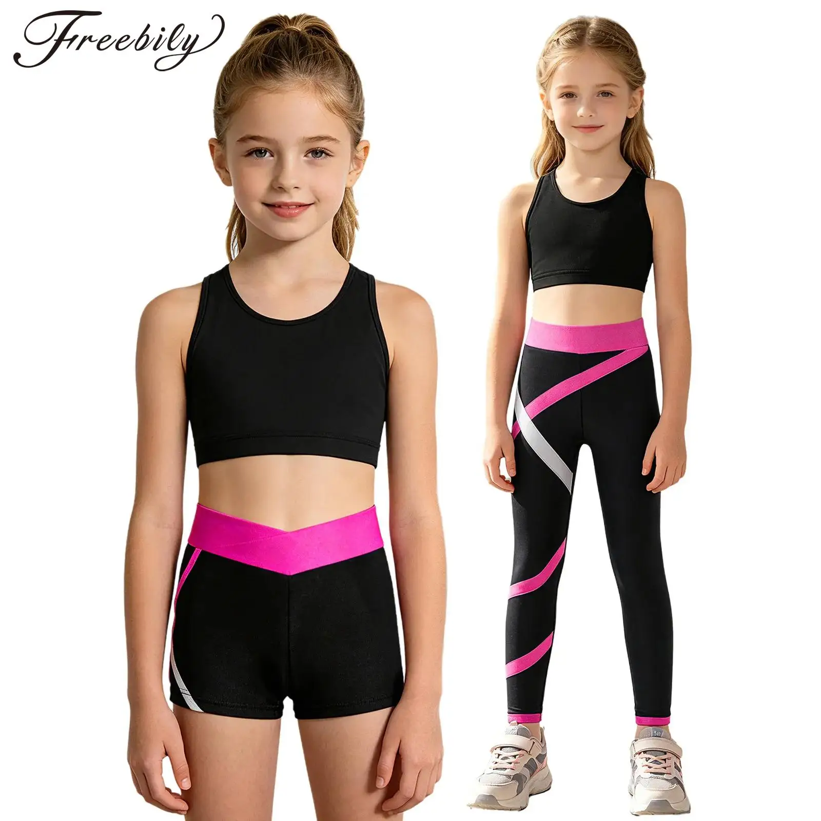 Kids Girls 3Pcs Sports Vest Outfit U Neck Cross Back Keyhole Crop Top with Athletic Pants Shorts for Gym Workout Fitness Running