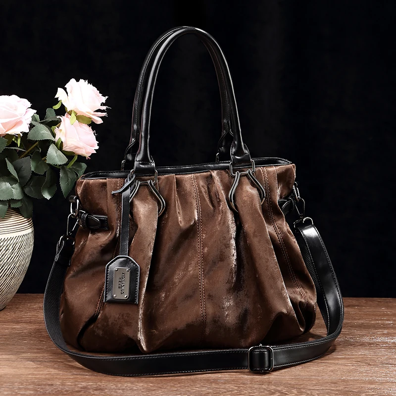 Autumn And Winter New Fashion High Quality Women's Bag Soft Pu Leather Pleated Suede Large Capacity Dumpling Handheld Tote Bag