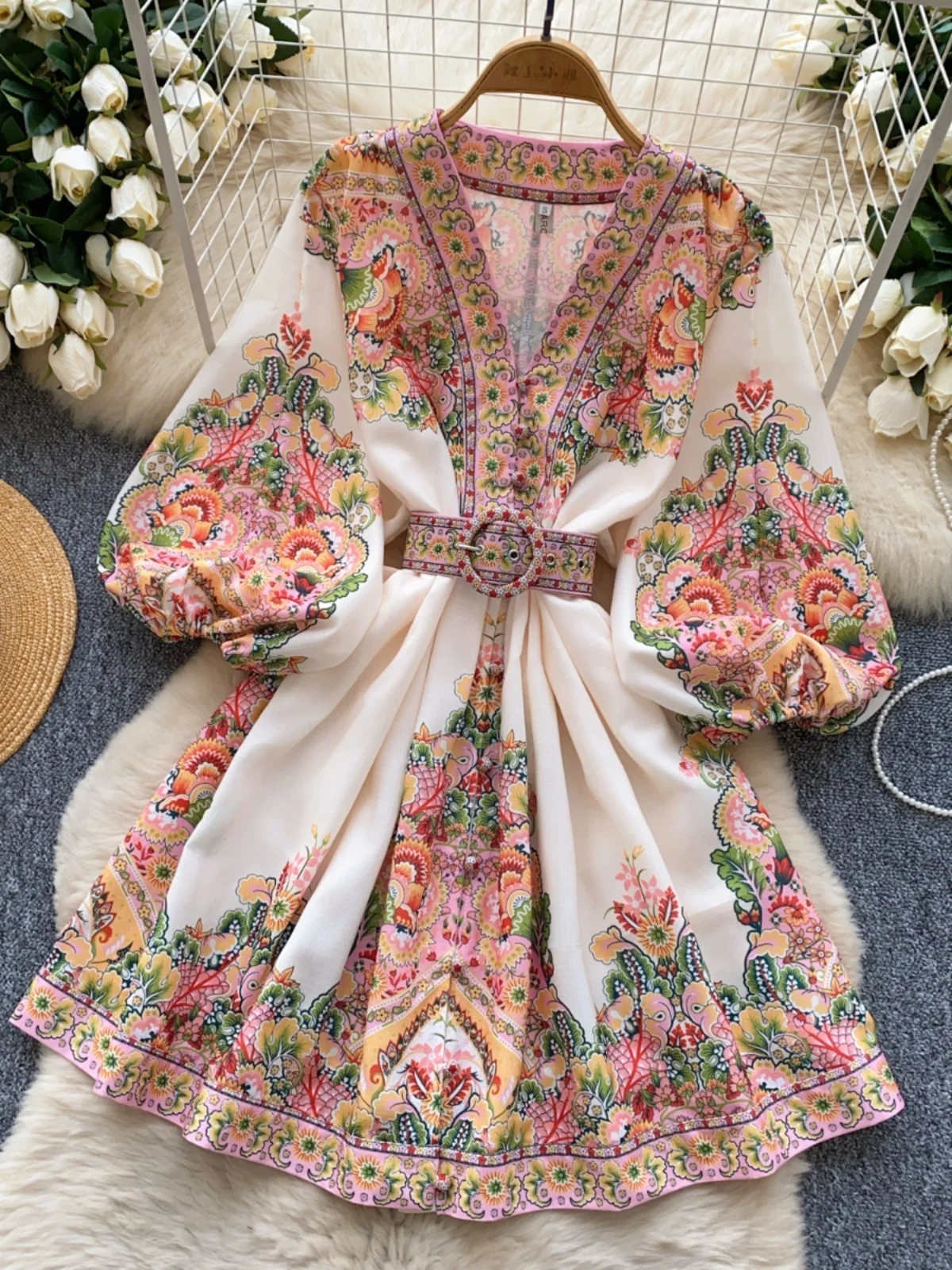Court Sle Damen Dr Vintage V-ne Single Button Taille Cinch Lantern Sve Print Ort A-Linie Rock Koreanische Version