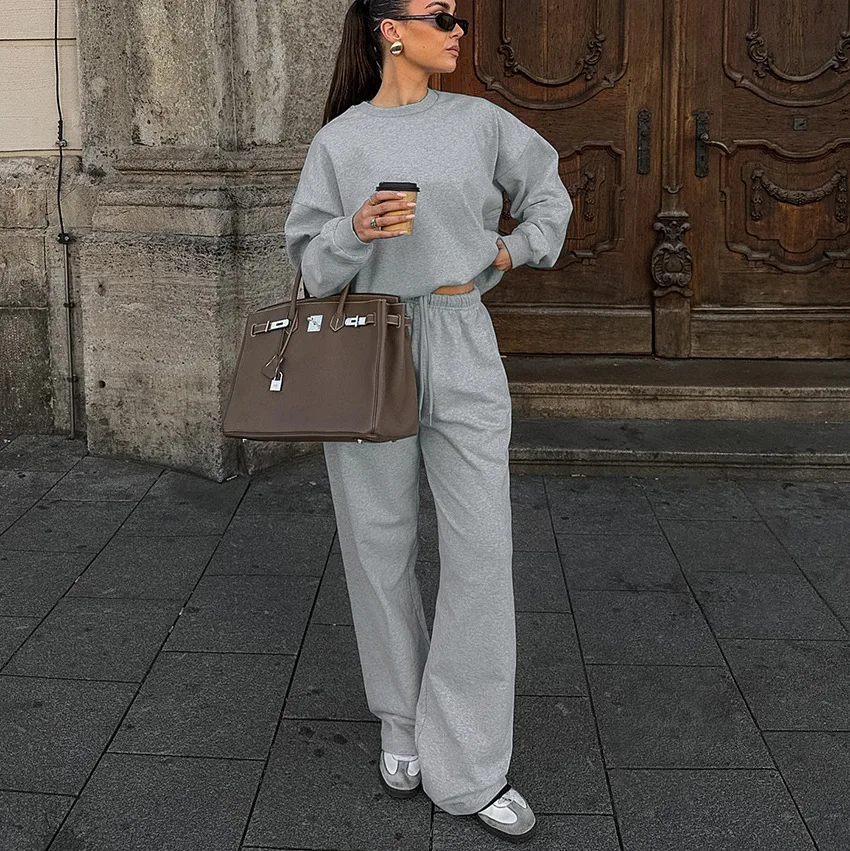 

Autumn Fashion High-end Comfort Gray Knitted Loose Long Sleeve Trousers Casual Sweatshirt Set Women's Leisure Two-Piece Set