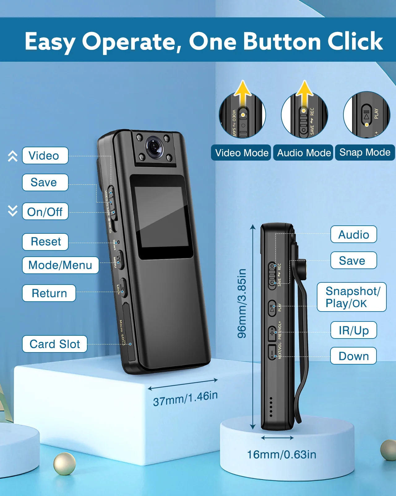 Корпусная камера BOBLOV A22, вращающийся на 180 градусов объектив, мини-камера HD 1080P с OLED-экраном, поддержка видеозаписи 4H для встреч