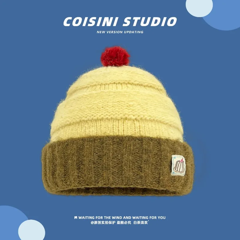 Cute Cake Patch Knit Beanies for Women with Sute Pom Pom Winter Color Block Warm Hats Soft Woolen Skullcap Fashion Streetwear