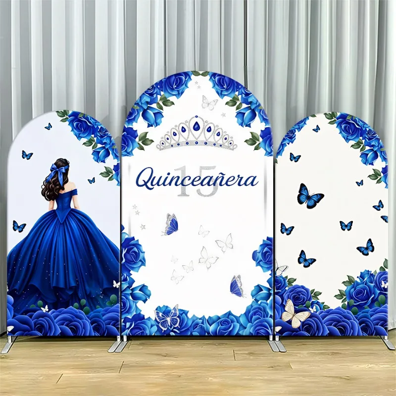 

Arch Backdrop Cover Single Side Quinceanera Blue Rose Butterfly Tiara Party Decoration Photo Booth Background Event Supplies