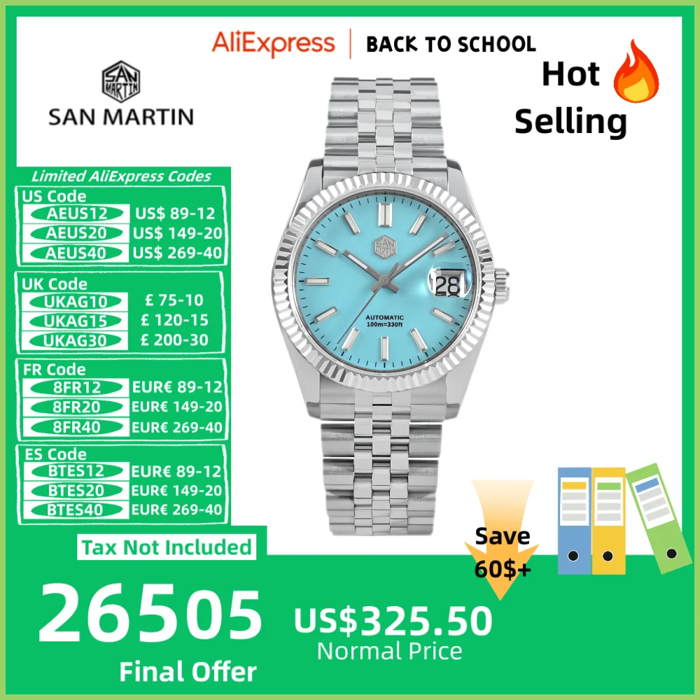 

San Martin Watch For Men Mechanical Watches Waterproof 36.5mm Wristwatch Luxury Automatic Date Sapphire Glass Lume 10Bar SN0058x