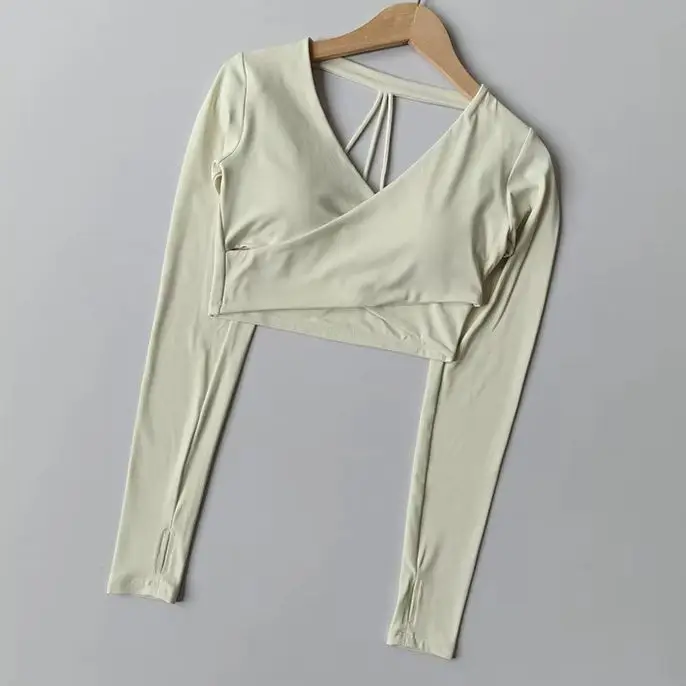 Women Elegant V Neck Long Sleeve Cross Sport T Shirt Cropped Crop Top Slim Backless Pilates Yoga Workout Fitness Tops