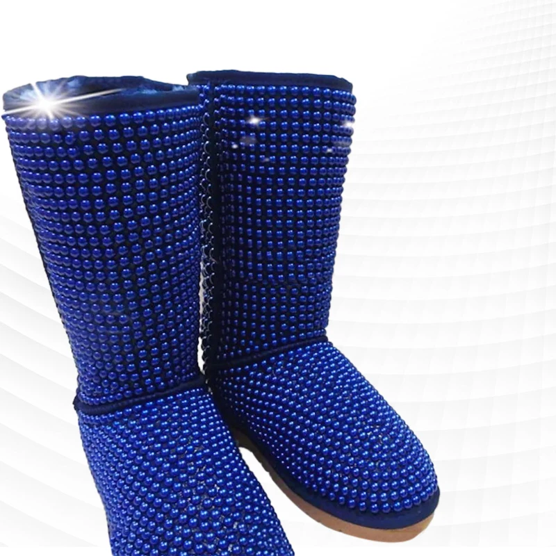 Botas de nieve para fiesta de una fiesta de piel de perlas con diamantes de imitación azules Klein, zapatos de algodón hechos a mano personalizados y gruesos de pantorrilla para mujer 35-44