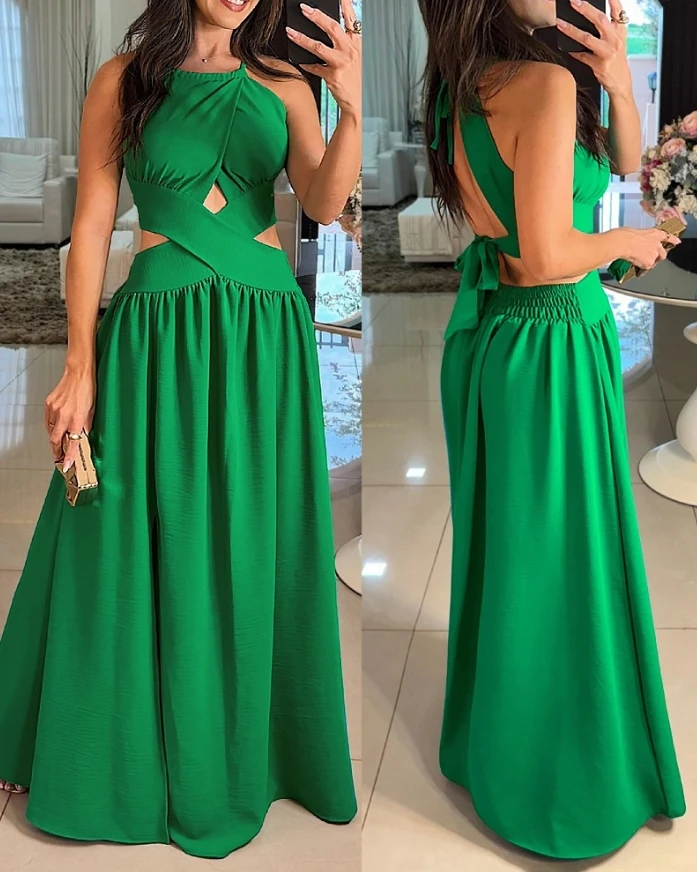 

Women's spaghetti strap sleeveless lace up detail shirt cross flared dress charming evening gown 2025 summer new style