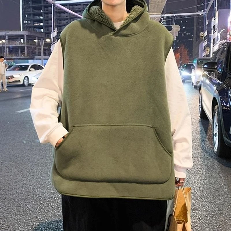 

Heavyweight Fleece Vest Men's Plus Size Winter Coat with Hood Pockets Waterproof Layering Vest for Outdoor Sports