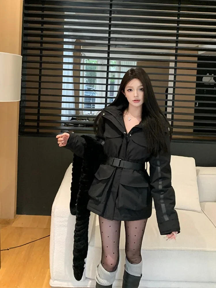 2024 Winter New Women Tops Parkas Coats Korean Fashion Stand Collar Long Sleeve High Waist Slim Female Quilted Parkas Coats