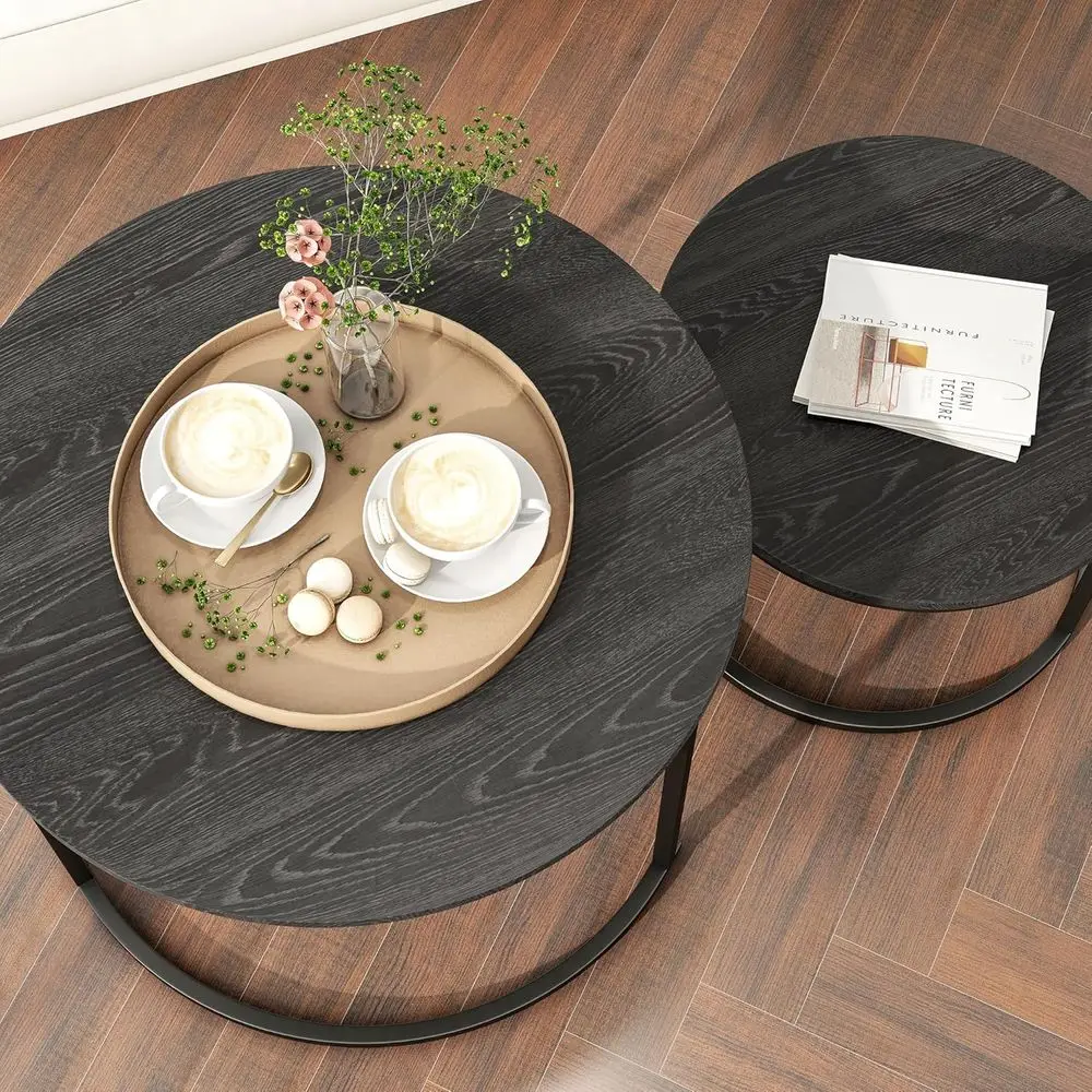 Black Nesting Coffee Table Set, 2 Wooden Accent End Tables with Metal Frame for Living Room, Sturdy Stackable Side Tables, Easy
