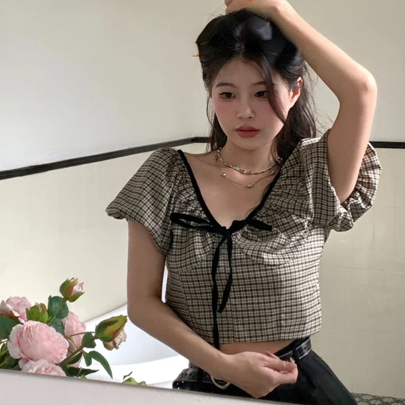 Plaid Blouses Women Bandage Crop Tops Chic Hotsweet Puff Sleeve Casual Girlish Vintage Summer Ulzzang Tender All-match College