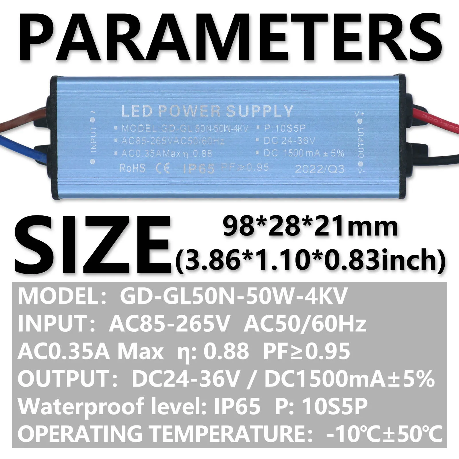 Waterproof IP65 Lighting Transformers AC85-265V to DC24-36V Power Supply 50W 1500MA  Aluminum Isolated Constant Current Driver