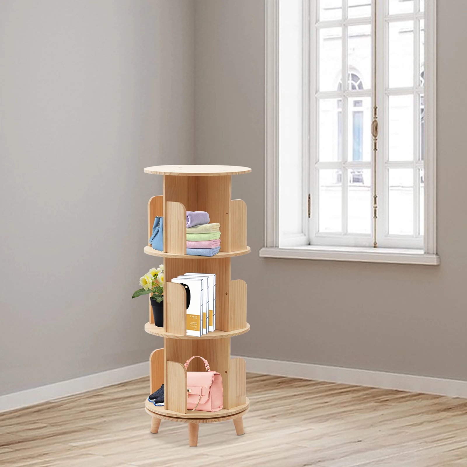 3 Tiers 360 Rotating Bookshelf Display Floor Standing Bookcase Storage Rack SALE