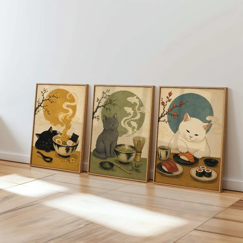 3pcs frameless Canvas Painting Japanese Cat Print Set of 3, Sushi Cat Wall Decor, Ramen Cat Poster Set, Matcha Cat Artwork, Kawa