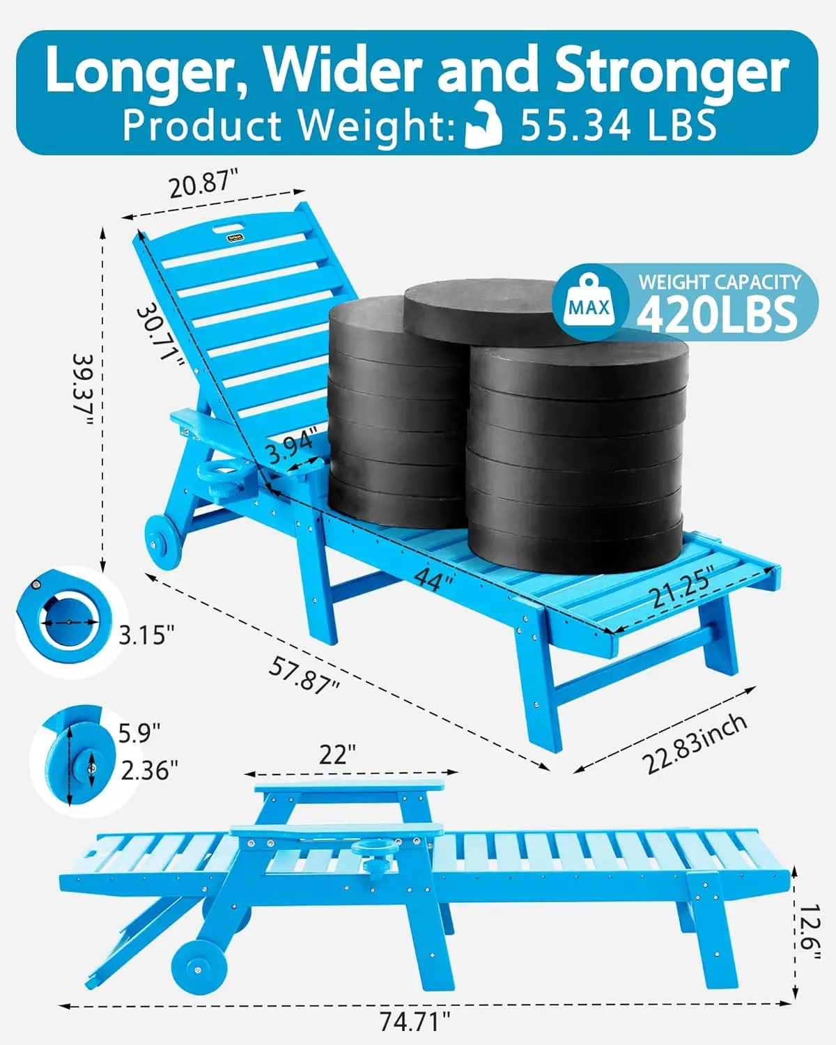 Outdoor with Wheels, Oversize Patio Lounge Chair with Wood Texture, 5-Position Plastic Lounge Chair for Poolside, Patio, Deck, B