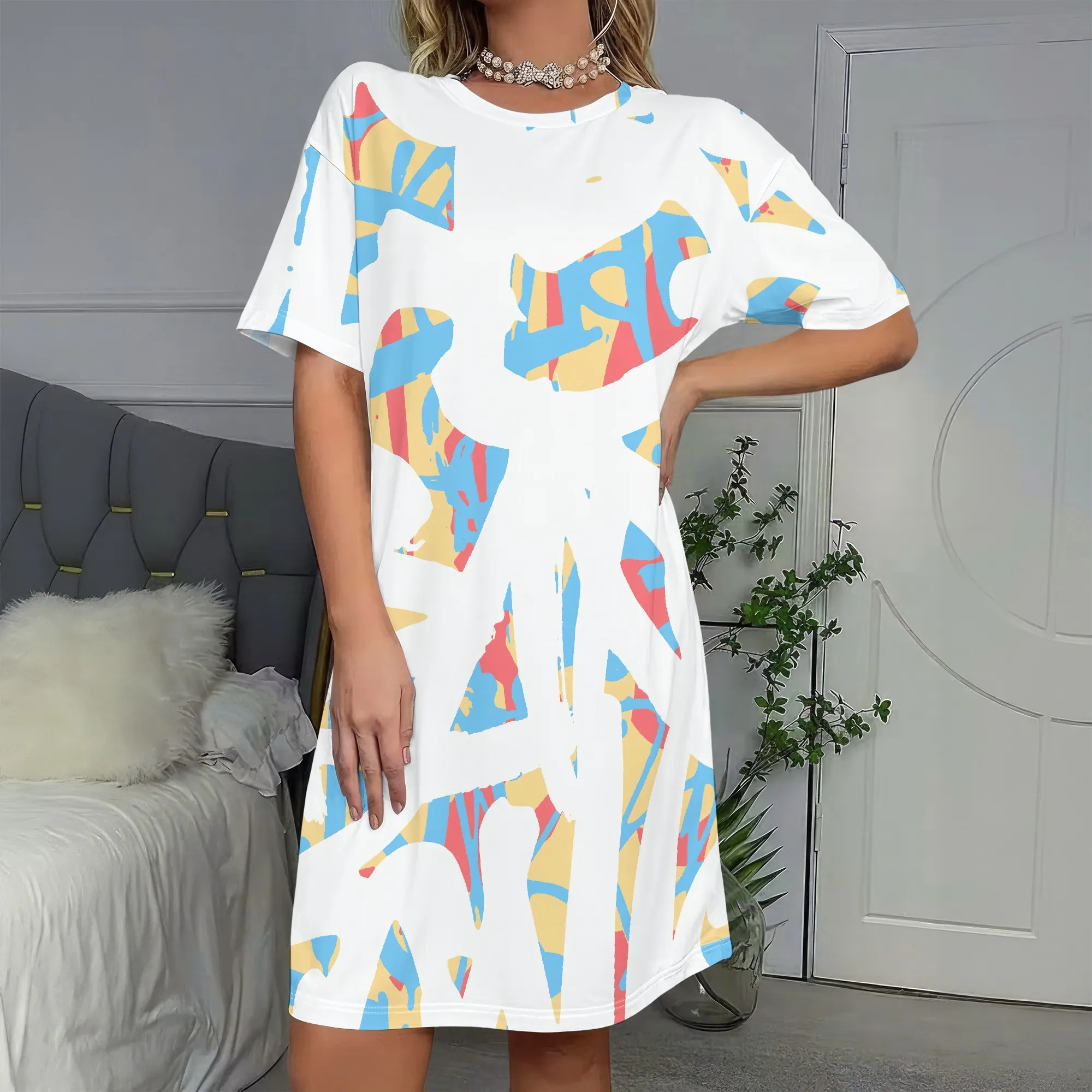 

Abstract Art Print, Short Sleeve Dress, Colorful Pattern, Casual Wear, Loose Fit, Women's Fashion, S-2XL
