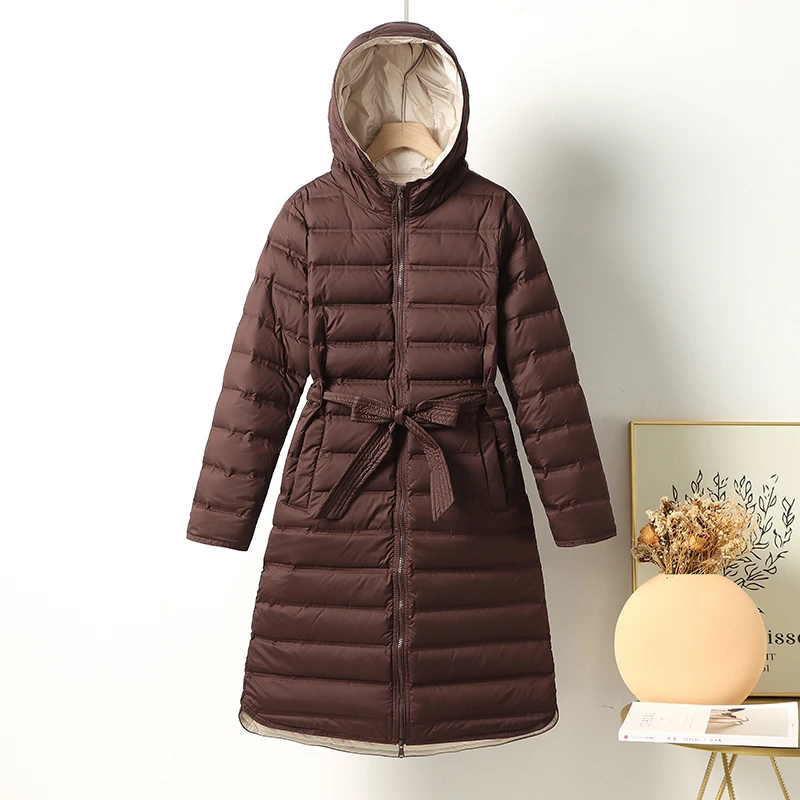 Casaco longo com capuz de pato feminino, corta-vento leve, Parkas sem costura, branco, outono, inverno