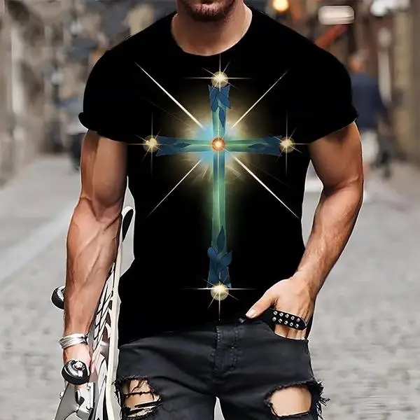 Summer Men T-shirt Fashion Christian Jesus Cross 3D Printed T Shirt Casual Short-sleeve Cool Tee Tops