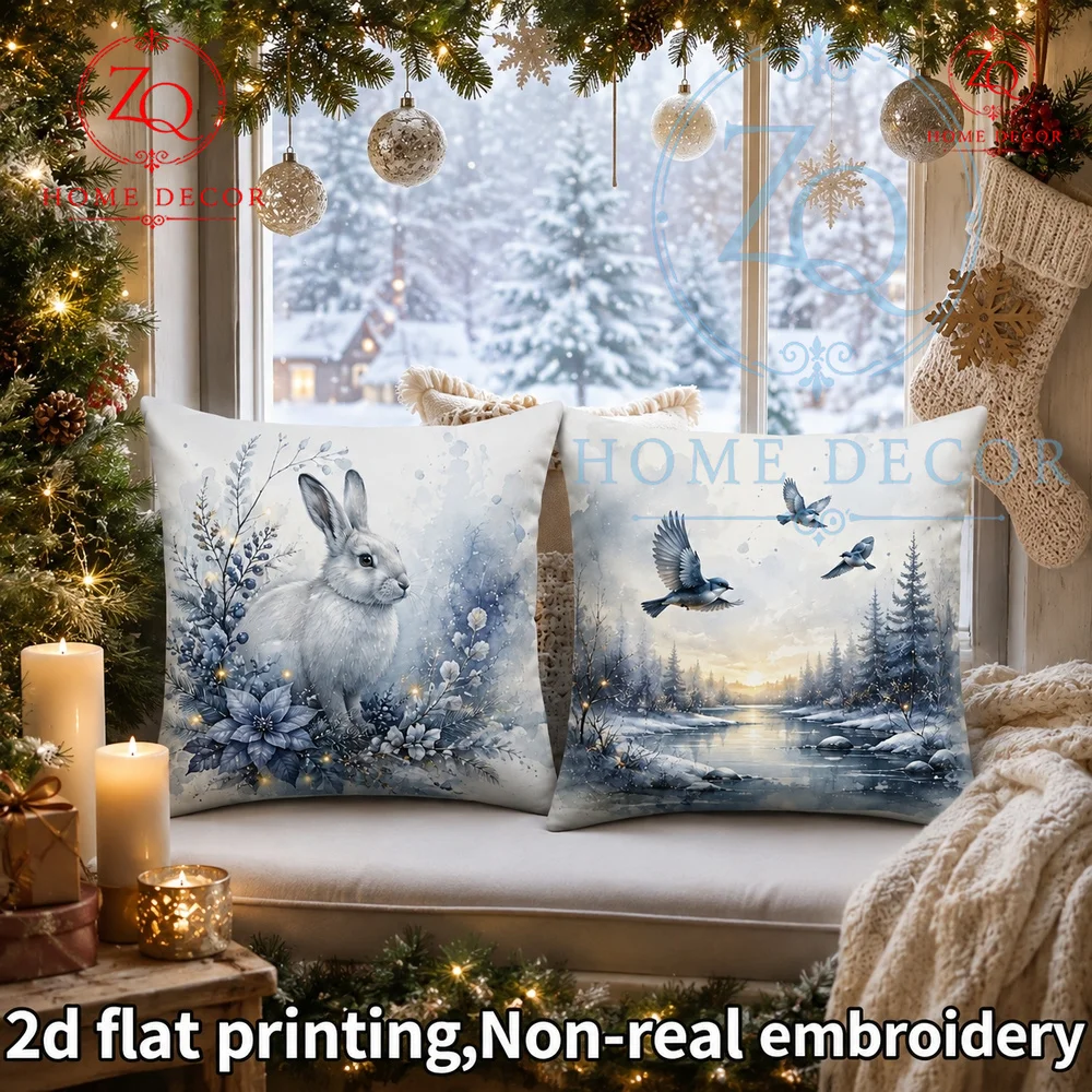 Winter Wonderland Rabbit Throw Pillow Cover: Frosty Blue Watercolor Holiday Cushion Case for Christmas Sofa  Bedroom Decor
