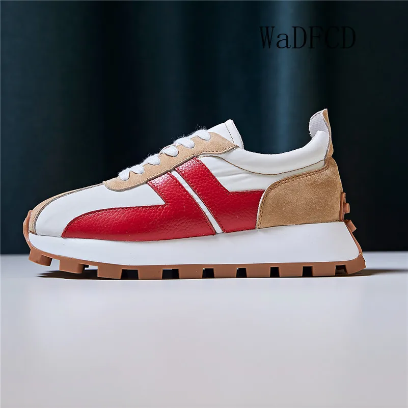 Chunky Sneaker Plus Size 43 Women Retro Running Shoes Fashion Casual Genuine Leather Fabric Height Increased Flat Platform Shoes