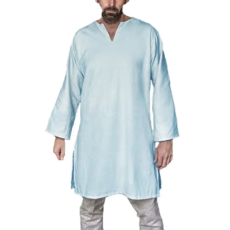Camicie da uomo medievali europee Tunica Top vichinghi Uomini adulti Guerriero Costume da pirata Camicia a maniche lunghe in cotone Costumi Cosplay di scena