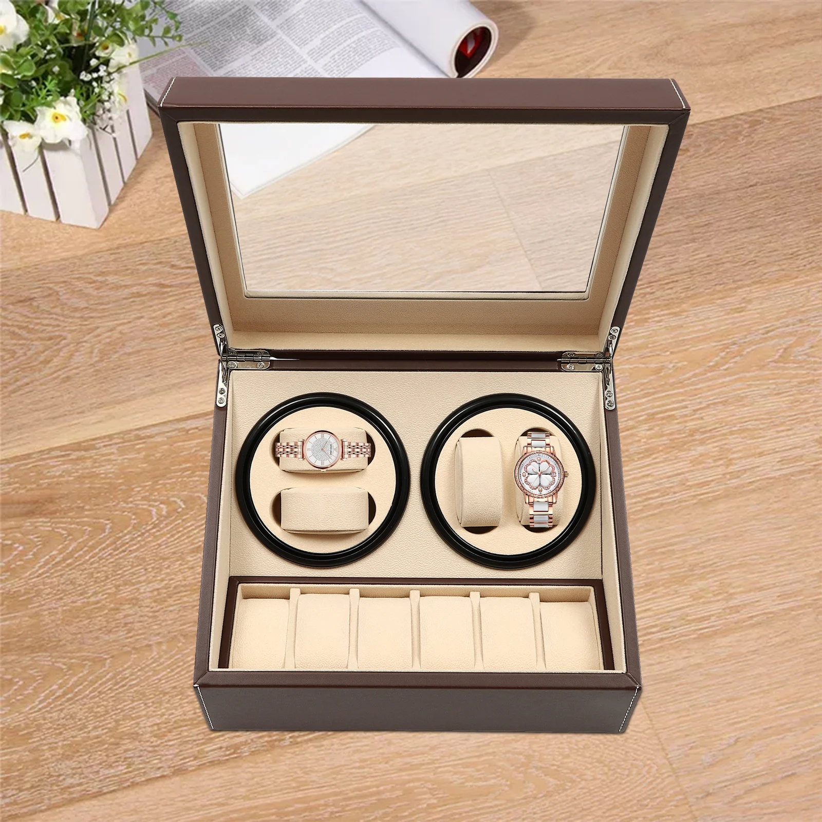 4 + 6 بني/أسود ملفاف ساعة دوران تلقائي تخزين جلدي ساعة عرض صندوق حامل لعرض المتجر ، ديكور المنزل #2